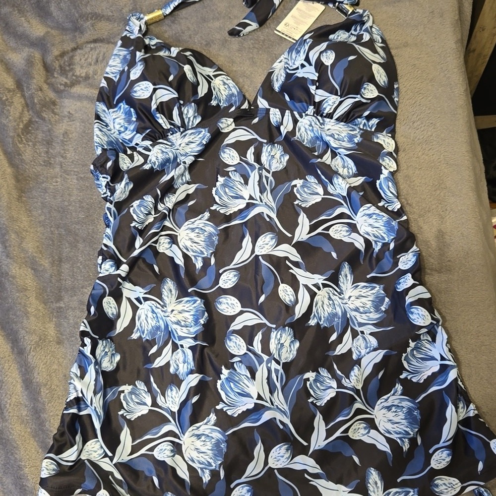 Summer Mae Maternity Tankini Set Black Blue Ruched Halter Swimsuit XXL NEW‎
